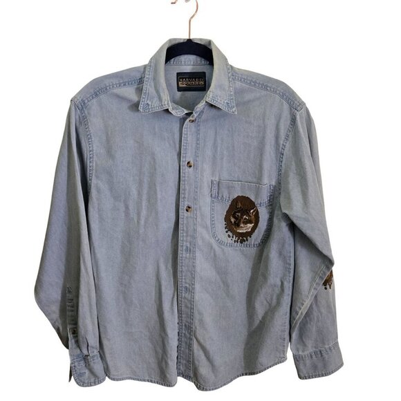 Vintage Unique Native American Wolf Design Button Down Chambray Shirt Gender Neu - Picture 2 of 7